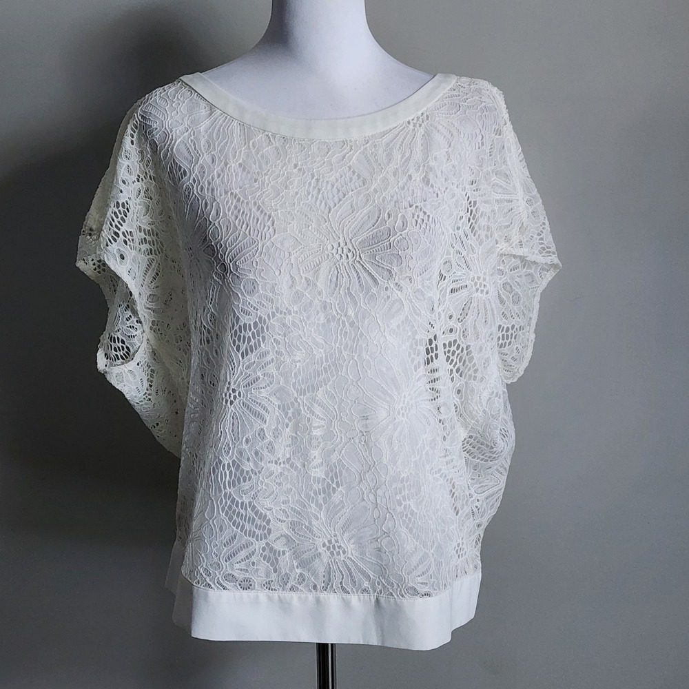 Cabi Lace Dolman Blouse Top M White Floral Sheer Boho Romantic Ethereal Fairy